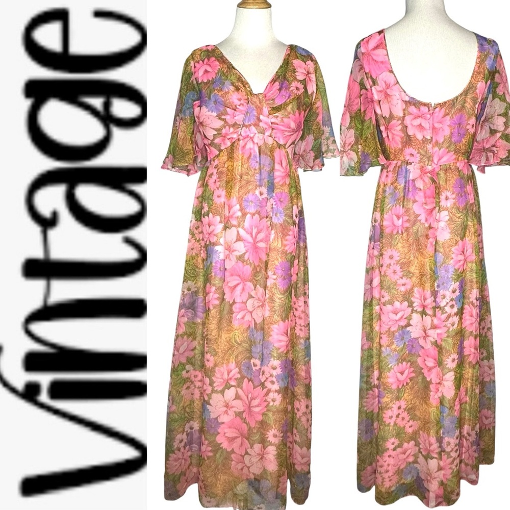 Vintage 60/70’s Hand Sewn Floral Maxi Dress App Small